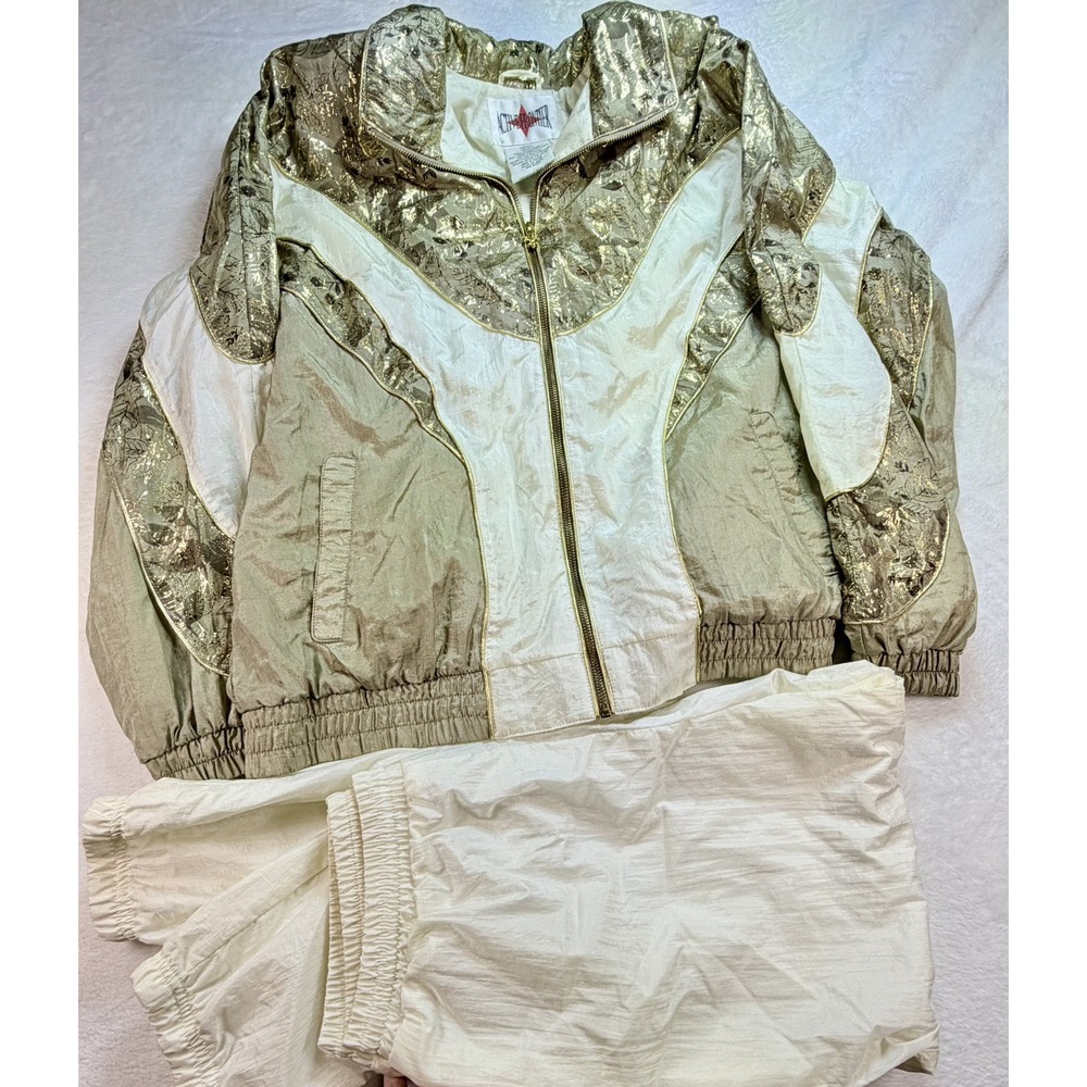 VTG 80s 90s Active Frontier Gold Metallic Windbreaker Jacket & EVR Pants Set M